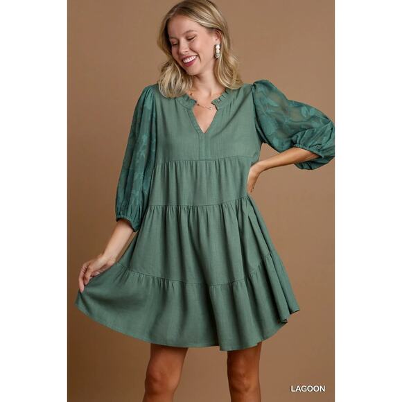 Umgee Floral Contrast Print Bubble Sleeves Tiered Design Relaxed Dress | Lagoon - Picture 3 of 6